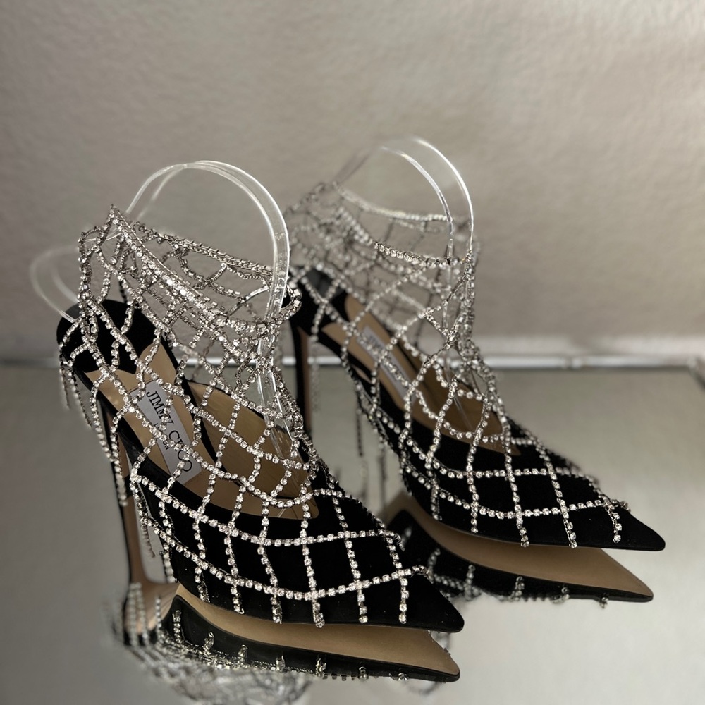 New JIMMY CHOO Scotty Suede Pumps With Crystal Chains 37.5 $3,850 - Picture 15 of 15